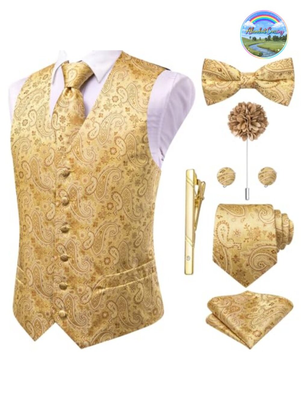 Mens Silk Suit Vest Tie Bowtie Pocket Square Cufflinks 8PC Formal Set